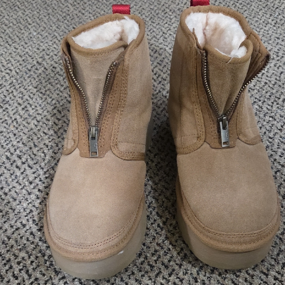 UGG Tan Ankle Boots with Red Accents